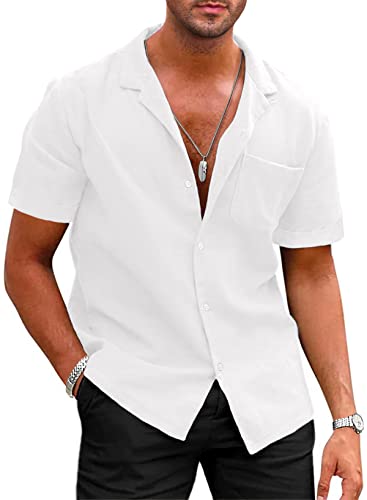 APOONABA Hemd Herren Kurzarm Leinenhemd Freizeithemd Leinen Hemden Casual Sommer Shirts Baumwolle Western Hemd Regular Fit Weiß XL von APOONABA