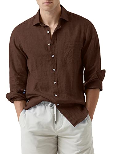 APOONABA Hemd Herren Leinenhemd Langarm Business Leinen Hemden Button Down Shirts Baumwolle Freizeithemd Regular Fit Western Shirt mit Tasche Frühling Sommer Herbst Braun S von APOONABA