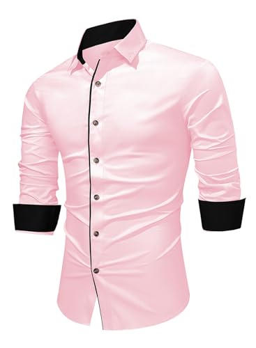 APOONABA Herren Hemd Freizeithemd Business Hemden Langarm Baumwolle Shirts Casual Langarmhemd Western Hemden Regular Fit Trachtenhemd Sommer Herbst Winter Rosa M von APOONABA