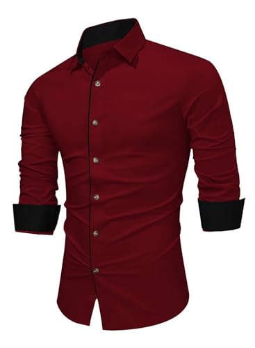 APOONABA Herren Hemd Freizeithemd Business Hemden Langarm Baumwolle Shirts Casual Langarmhemd Western Hemden Regular Fit Trachtenhemd Sommer Herbst Winter Rot XL von APOONABA