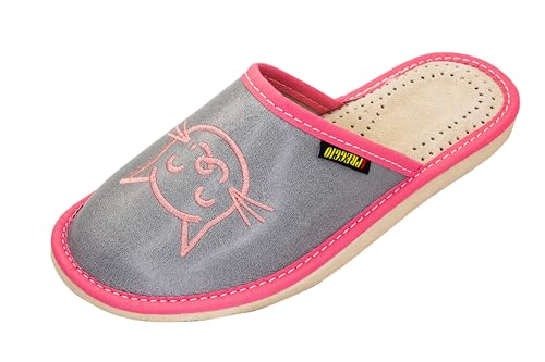 APREGGIO - Hausschuhe Damen Leder - Feste Gummisohle - Schuhe für zu Hause - Mit einer Katze bestickt - Handgefertigt Pantoffeln Damen - Größe 38 - Grau Pink von APREGGIO