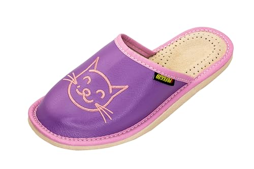 APREGGIO - Hausschuhe Damen Leder - Feste Gummisohle - Schuhe für zu Hause - Mit einer Katze bestickt - Handgefertigt Pantoffeln Damen - Größe 36 - Violett Pink von APREGGIO