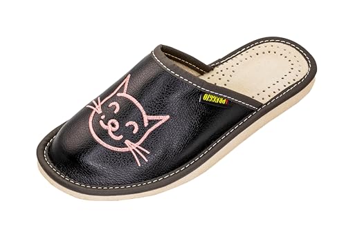 APREGGIO - Hausschuhe Damen Leder - Feste Gummisohle - Schuhe für zu Hause - Mit Einer Katze Bestickt - Handgefertigt Pantoffeln Damen - Größe 37 - Schwarz Pink von APREGGIO