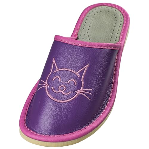 APREGGIO - Hausschuhe Damen Leder - Feste Gummisohle - Schuhe für zu Hause - Mit einer Katze bestickt - Handgefertigt Pantoffeln Damen - Größe 38 - Violett Pink von APREGGIO