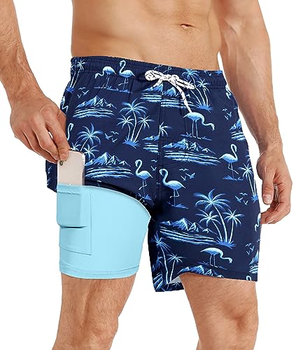 APTRO Herren Badehose Badeshorts Schwimmhose Board Shorts Kurz Schnelltrocknend 2 in 1 Strand Shorts mit InnenhoseBlau Flamingo MK268 M von APTRO