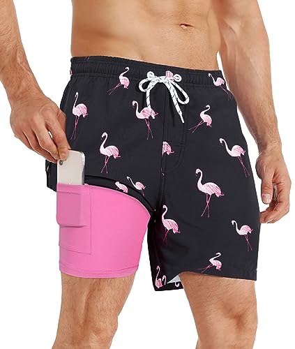 APTRO Herren Badehose Badeshorts Schwimmhose Board Shorts Kurz Schnelltrocknend 2 in 1 Strand Shorts mit InnenhoseRosa Flamingo MK267 L von APTRO