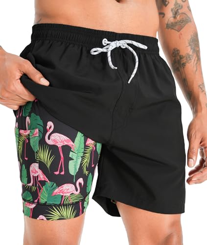 APTRO Herren Badehose Badeshorts Schwimmhose Board Shorts Kurz Schnelltrocknend 2 in 1 Strand Shorts mit InnenhoseSchwarz Flamingo MK256 L von APTRO