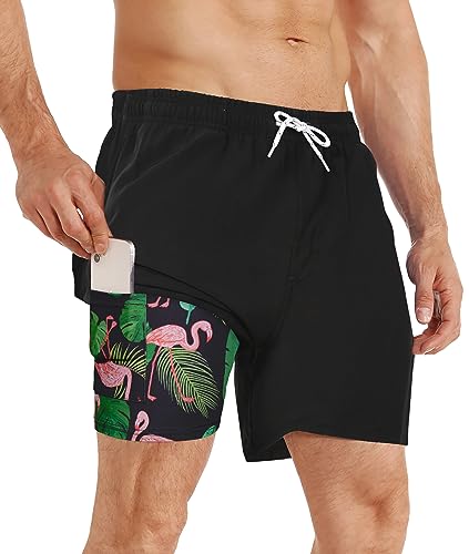 APTRO Herren Badehose Badeshorts Schwimmhose Board Shorts Kurz Schnelltrocknend 2 in 1 Strand Shorts mit InnenhoseSchwarz Flamingo MK256 M von APTRO