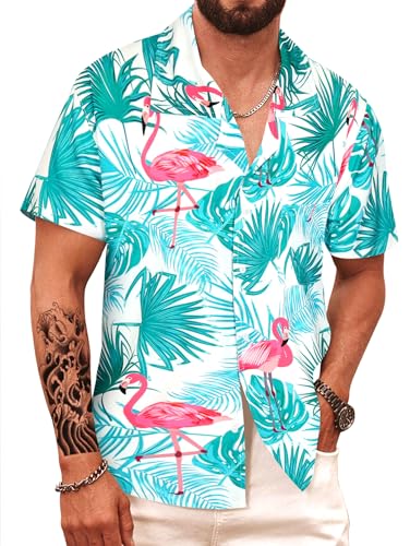 APTRO Herren Hemd Hawaiihemd Freizeit Hemd Kurzarm Urlaub Hemd Reise Shirt Grün Flamingo MF097 4XL von APTRO