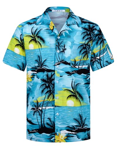 APTRO Herren Hemd Hawaiihemd Freizeit Hemd Kurzarm Urlaub Hemd Reise Shirt Himmelblau M175 L von APTRO