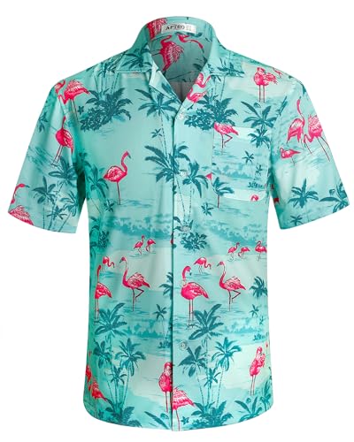 APTRO Herren Hemd Hawaiihemd Strandhemd Kurzarm Urlaub Hemd Freizeit Reise Hemd Party Hemd Flamingo Grün BT020 XL von APTRO