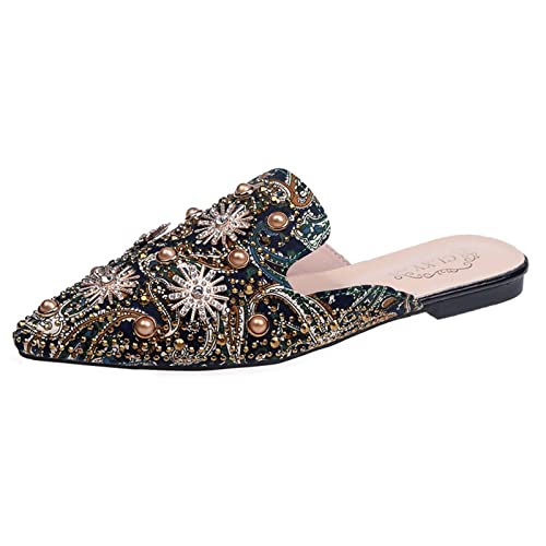 Closed Pointed Toe Flat Loafers for Ladies, Flat Mules for Women, Slip-On Backless Mule Sandals, Comfortable Rhinestone Print Slide Mules Shoes von AQ899