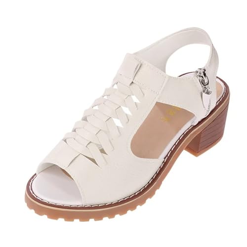 Women's Summer Mid Square Heels Side Zipper Slingback Shoes Hollow out Breathe Roman Sandals Pu Leather Peep Toe Shoes Fashionable Casual Sandals von AQ899