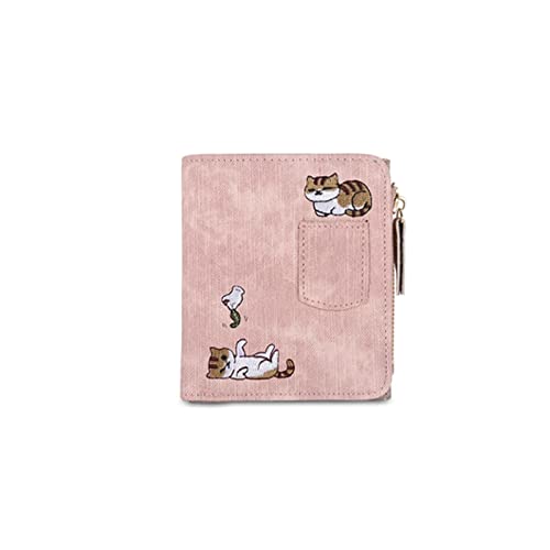 AQQWWER Geldbörsen für Damen 1 Stück Stickerei Katze Frauen Kurze Brieftasche Reißverschluss Münze Geldbörse Kurzfrauen Brieftasche Kartenhalter Kupplung (Color : Pink) von AQQWWER