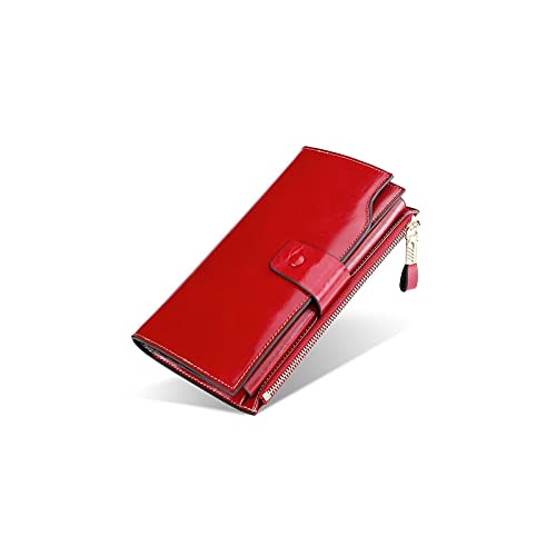 AQQWWER Geldbörsen für Damen Echtes Leder Frauen Brieftasche Lange Dame Leder Geldbörse Öl Wachs Leder Weibliche Brieftasche Münze Geldbörse (Color : Red) von AQQWWER