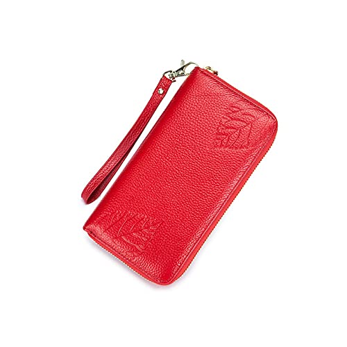 AQQWWER Geldbörsen für Damen Hand Brieftasche Damen Kälber Leder Lange Reißverschluss Brieftasche Große Kapazität Multifunktionale Rindslederkupplung Geldbörse (Color : Red) von AQQWWER