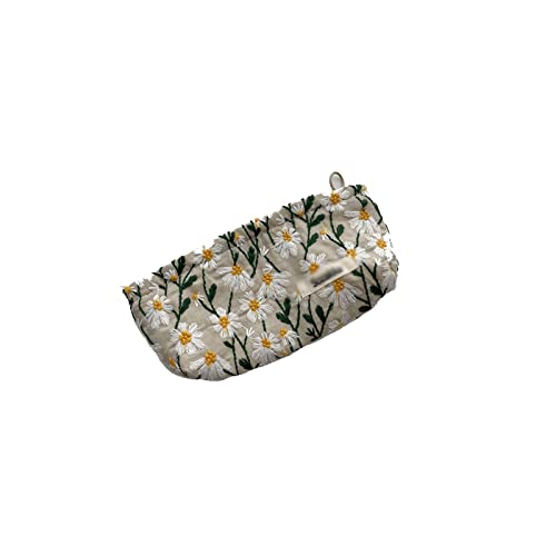 AQQWWER Schminktasche Cosmetic Bag Women Floral Makeup Case Organize Embroidery Cosmetic Pouch Travel Toiletry Bag Corduroy Canvas Beauty Case (Color : White, Size : S) von AQQWWER