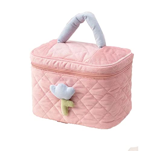 AQQWWER Schminktasche Solid Color Flower Makeup Bag Zipper Large Soft Corduroy Cosmetic Bag Female Travel Make Up Organizer Beauty Case (Color : Pink) von AQQWWER