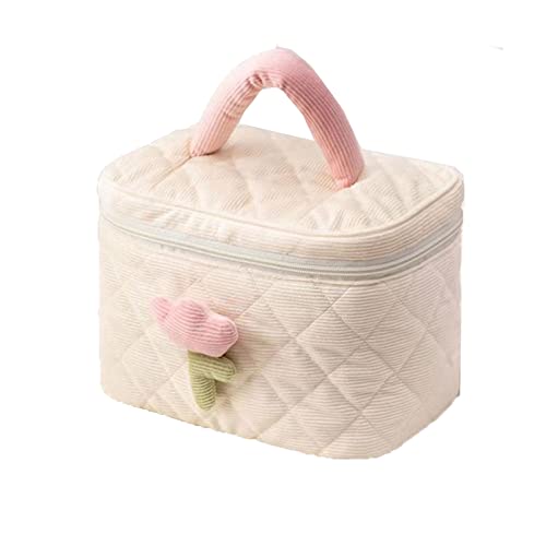 AQQWWER Schminktasche Solid Color Flower Makeup Bag Zipper Large Soft Corduroy Cosmetic Bag Female Travel Make Up Organizer Beauty Case (Color : White) von AQQWWER