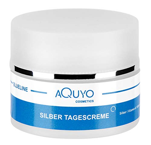 Blueline Microsilver Tagescreme, Gesichtscreme für trockene, empfindliche & unreine Haut, Gesichtspflege für Frauen und Männer mit Silber, Panthenol, Sheabutter, Mandelöl, Vitamin A & E (50ml) von AQUYO Cosmetics