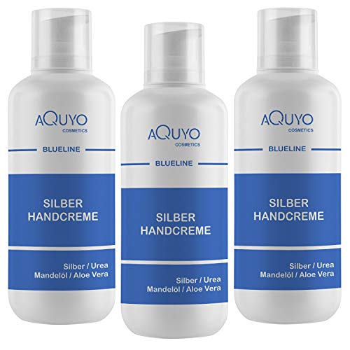 Blueline Silber Handcreme für sehr trockene, raue, rissige und entzündete Hände und Finger, Silbercreme zur Hautpflege bei Juckreiz oder Neurodermitis, Creme mit Aloe Vera & Urea (3x 500ml) von AQUYO Cosmetics