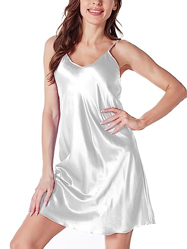 ARCFEETORY Nachthemd Damen Satin Negligee Lingerie Nachtwäsche Nachtkleid mit verstellbaren Spaghettiträger V-Ausschnitt Schlafshirt Weiß 2XL von ARCFEETORY