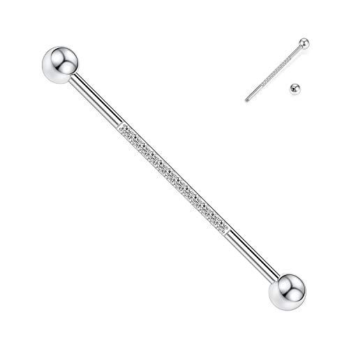 14G Industrial Bar Industrial Piercing Ohrringe Silber Knorpel Ohrring CZ gepflastert Industrial Barbell Chirurgenstahl Industrial Piercing Schmuck 1 1/2 Zoll 38mm Körperschmuck für Damen Herren von AROWRO