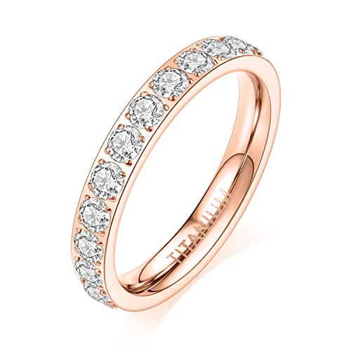 AROWRO 3 mm Damen Titan Ewigkeitsring Zirkonia Verlobungsring Jahrestagsring Ehering Größe 5 bis 9 (Roségold, 9) von AROWRO