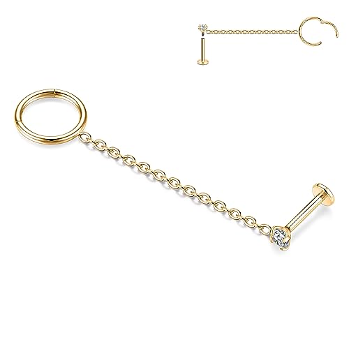 AROWRO 16G Kette Ohrringe Conch Hoop Ohrringe für Frauen Double Piercing Dangle Kette Knorpel Hoop Ohrringe Cubic Zirkonia Labret Ohrstecker 316L Chirurgenstahl Nasenring Hoop 8mm Bar Gold von AROWRO