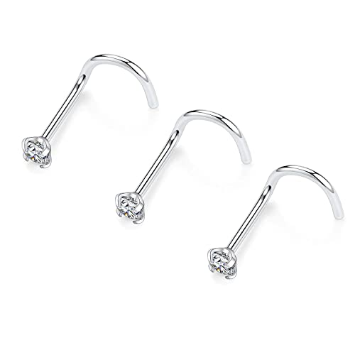 AROWRO 3 Stück 20 g 2 mm Nasenringe Ohrstecker Nasenschraube G23 Titan Nasenringe Reifen 7 mm Länge Nasenloch Diamant hypoallergen Nasenpiercing Schmuck für Frauen Männer Silber von AROWRO