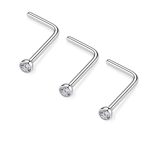 AROWRO 3 Stück 20 g 2 mm Nasenringe für Frauen Diamant-Nasenstecker CZ Nasenstecker Silber 7 mm Länge L-förmige Nasenringe Ohrstecker Nasenloch Piercing Schmuck 20 Gauge G23 Titan Nasenschraube von AROWRO