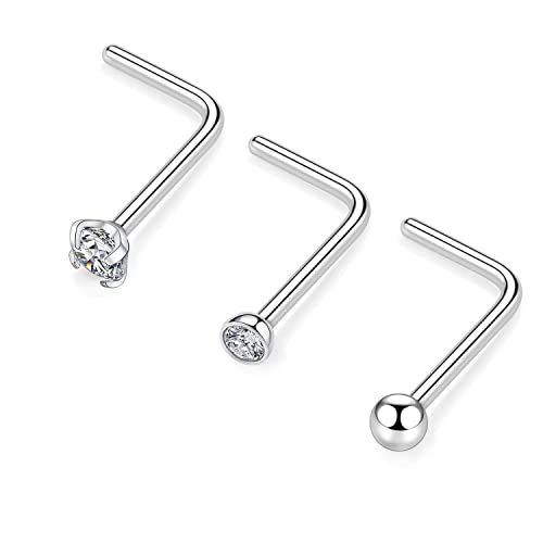 AROWRO 3 Stück 20 g 2 mm Nasenringe für Frauen Diamant-Nasenstecker CZ Nasenstecker Silber 7 mm Länge L-förmige Nasenringe Ohrstecker Nasenloch Piercing Schmuck 20 Gauge Nasenschraube G23 Titan von AROWRO