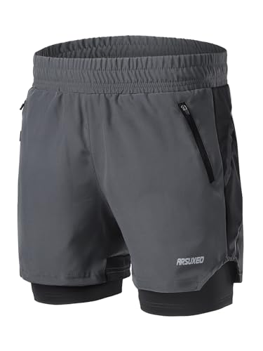 ARSUXEO Herren Laufshorts 2 in 1 Laufen Running Shorts Aktiv Turnhose mit 2 Reißverschlusstaschen B191 Dunkelgrau S von ARSUXEO