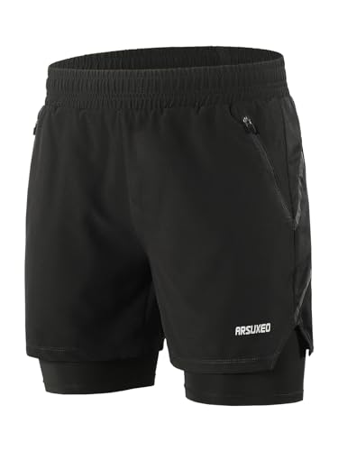 ARSUXEO Herren Laufshorts 2 in 1 Laufen Running Shorts Aktiv Turnhose mit 2 Reißverschlusstaschen B191 Schwarz M von ARSUXEO