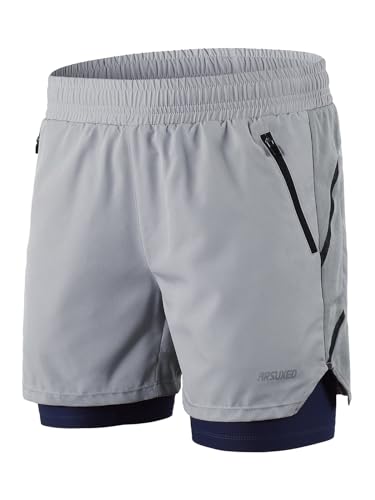 ARSUXEO Herren Laufshorts 2 in 1 Laufen Running Shorts Aktiv Turnhose mit 2 Reißverschlusstaschen B191 Grau S von ARSUXEO