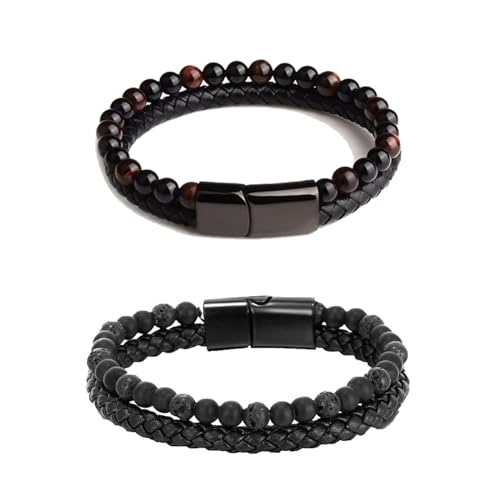 Natürliche Achat Stein Leder Perlen Armband, Herren Lederarmband für Männer Frauen natürliche verstellbare Magnetverschluss Armband, Dad Schmuck für Männer (A-21cm) von ARTSIM