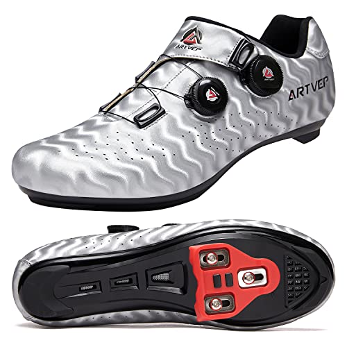 ARTVEP Herren Radschuhe Damen MTB Fahrradschuhe Kompatibel mit Look SPD SPD-SL Delta Lock Pedal Reitschuhe Kompatibel mit Peloton Schuhen Silber EU 44/270 von ARTVEP