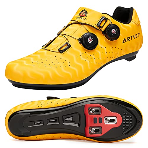 ARTVEP Herren Radschuhe Damen MTB Fahrradschuhe Kompatibel mit Look SPD SPD-SL Delta Lock Pedal Reitschuhe Kompatibel mit Peloton Schuhen Streifen Gelb EU 46/280 von ARTVEP