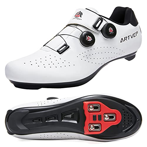 ARTVEP Herren Radschuhe Damen MTB Fahrradschuhe Kompatibel mit Look SPD SPD-SL Delta Lock Pedal Reitschuhe Kompatibel mit Peloton Schuhen Weiß EU 42 von ARTVEP