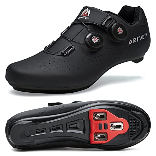 ARTVEP Herren Radschuhe Damen MTB Fahrradschuhe Kompatibel mit Look SPD SPD-SL Delta Lock Pedal Reitschuhe Kompatibel mit Peloton Schuhen Streifen Alles schwarz EU 39/245 von ARTVEP