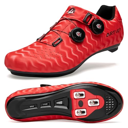 ARTVEP Herren Radschuhe Damen MTB Fahrradschuhe Kompatibel mit Look SPD SPD-SL Delta Lock Pedal Reitschuhe Kompatibel mit Peloton Schuhen Streifen Rot EU 41/255 von ARTVEP