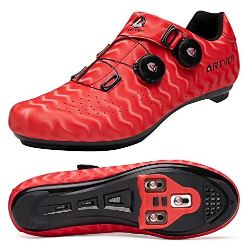 ARTVEP Herren Radschuhe Damen MTB Fahrradschuhe Kompatibel mit Look SPD SPD-SL Delta Lock Pedal Reitschuhe Kompatibel mit Peloton Schuhen Streifen Rot EU 47/285 von ARTVEP