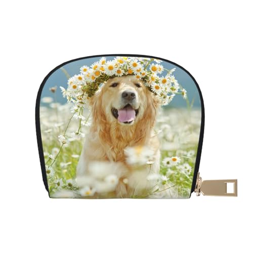 ASEELO Kreditkartenetui 3D Grau Elefant Leder Shell Kartenhalter Geldbörse für Damen oder Herren mit Reißverschluss, Golden Retriever Hund, Leather Shell Card Bag von ASEELO