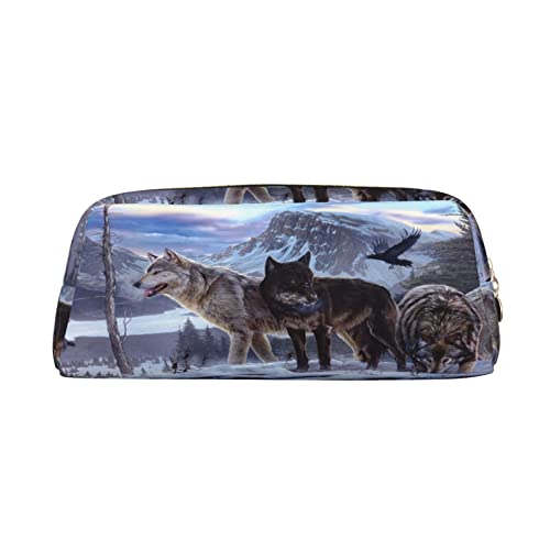 Große Kapazität Leder Federmäppchen Panther Kopf in Flammen Schreibwaren Bleistift Tasche Make-up Tasche Tragbare Büro Schreibwaren Tasche für Teens Mädchen Erwachsene, Schneewolf-Muster, Pencil Bag, Kosmetikkoffer von ASEELO