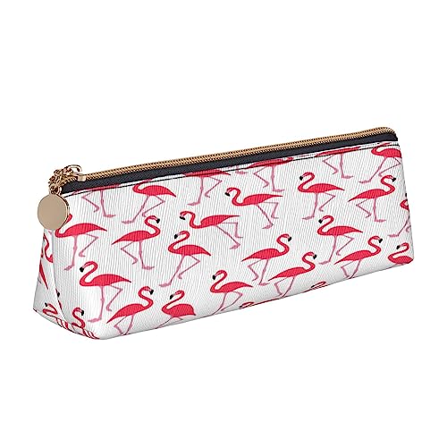 Leder Dreieck Federmäppchen Blau Musiknoten Schreibwaren Bleistift Tasche Make-up Tasche Tragbare Büro Schreibwaren Tasche für Teens Mädchen Erwachsene, Rosa Flamingo-Muster, Leather Pencil Case, Kosmetikkoffer von ASEELO