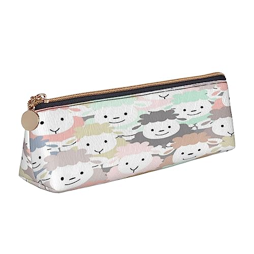 Leder Dreieck Federmäppchen Gänseblümchen Schreibwaren Federtasche Make-up Tasche Tragbare Büro Schreibwaren Tasche für Teenager Mädchen Erwachsene, Niedliches, buntes Schaf-Cartoon-Muster, Leather Pencil Case, Kosmetikkoffer von ASEELO