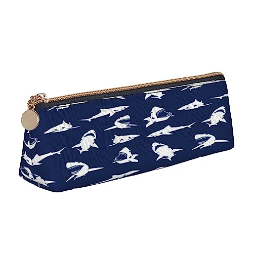 Leder Dreieck Federmäppchen Kaiser Pinguin Schreibwaren Federtasche Make-up Tasche Tragbare Büro Schreibwaren Tasche für Teens Mädchen Erwachsene, Hai-Muster mit verschiedenen Gesten., Leather Pencil Case, Kosmetikkoffer von ASEELO