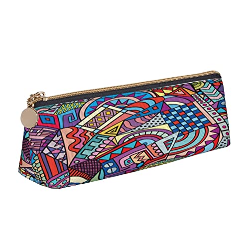 Leder Dreieck Federmäppchen Strand Palme Stühle Boote Schreibwaren Bleistift Tasche Make-up Tasche Tragbare Büro Schreibwaren Tasche für Teens Mädchen Erwachsene, Farbiges abstraktes Muster, Leather Pencil Case, Kosmetikkoffer von ASEELO