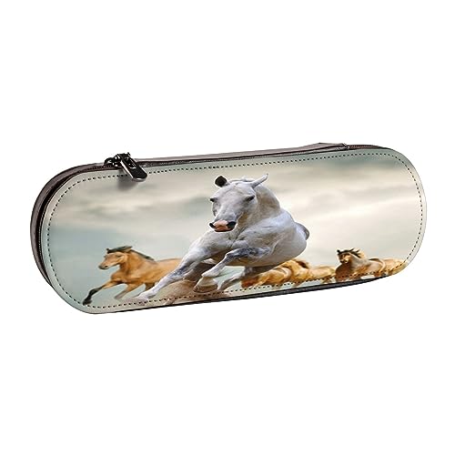 Leder-Federmäppchen, niedlicher Mops-Hund, Schreibwaren, Federmäppchen, Make-up-Tasche, tragbare Büro-Schreibwarentasche für Teenager, Mädchen, Erwachsene, Wildtierpferde Muster, Leather Pencil Case, von ASEELO