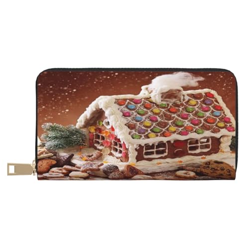 Ledergeldbörse Münzgeldbörse Münzbeutel Happy Corgi Hund Leder Aufbewahrungstasche Reißverschluss Geldbeutel Tasche für Damen Herren Kinder, Weihnachtliches Lebkuchen-Dorfhaus, Leather Wallet, von ASEELO